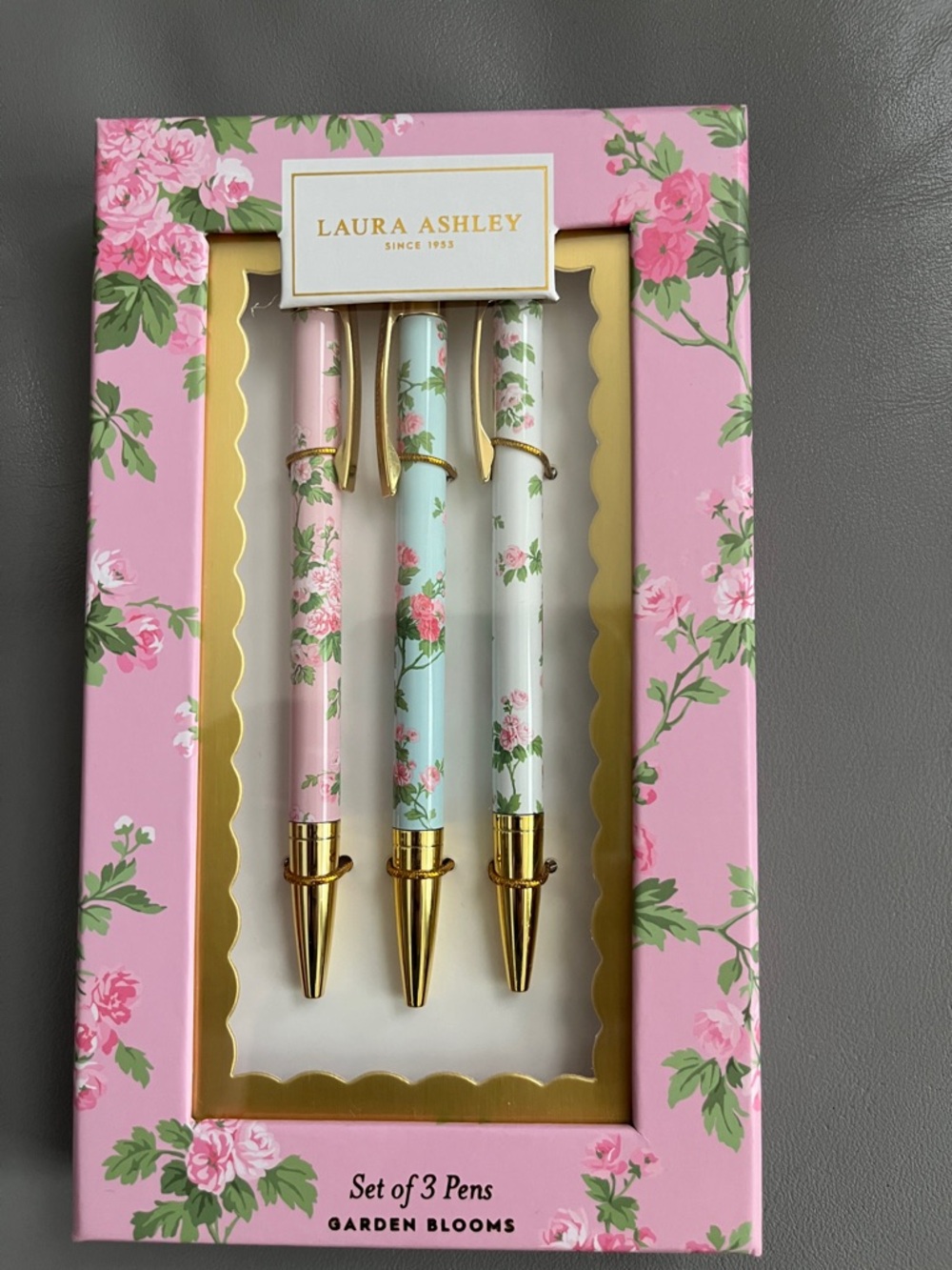 NEW Laura Ashley Garden Blooms Pen Set of 3 Floral Gold-Accent Ballpoint